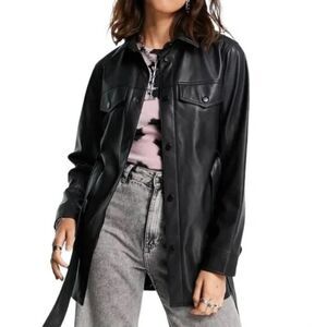 Rebecca Minkoff Faux Leather Belted Jacket Black Medium Snap Button Tie Waist